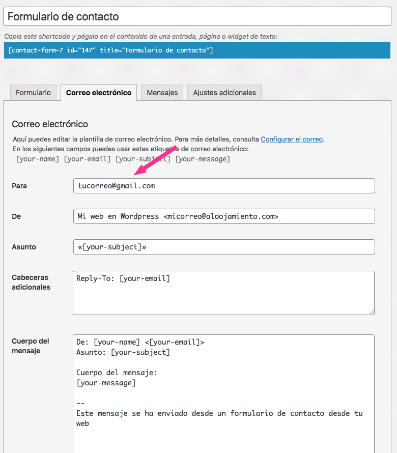 Editor del formulario de contacto