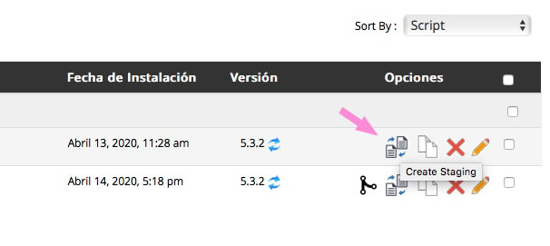 Los botones para crear la copia de Staging