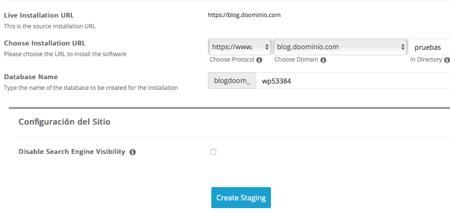 Detalles de instalación del WordPress staging