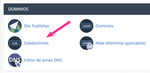 Captura de pantalla del panel de control cPanel, opción subdominios