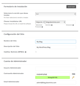 Menú de opciones de instalación de WordPress